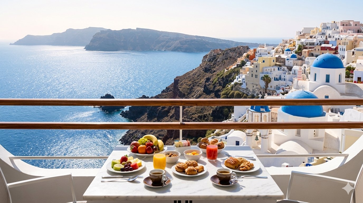 Santorini — Desayuno con vista al Egeo, Grecia